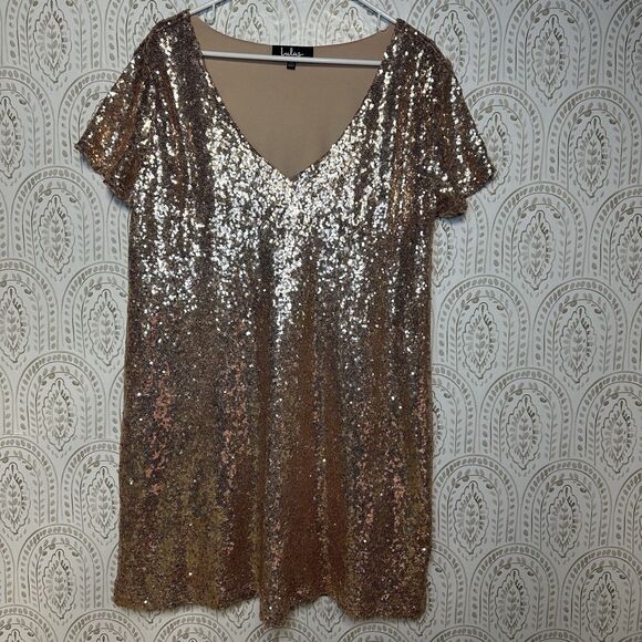 Lulu's Rose Gold Sequin V-Neck Mini‎ Dress Short Sleeve Size XL Party Sexy Hot - Picture 1 of 7